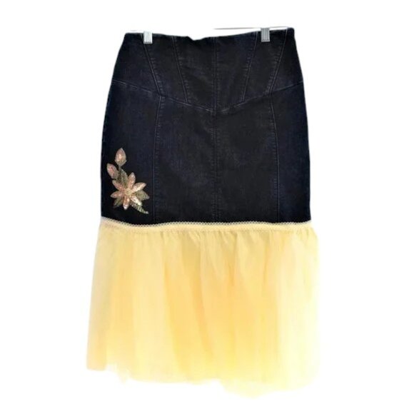 Vintage Upcycle Blue Jean & Tulle Ruffle Skirt Sequin Flower Embellished - Picture 6 of 7
